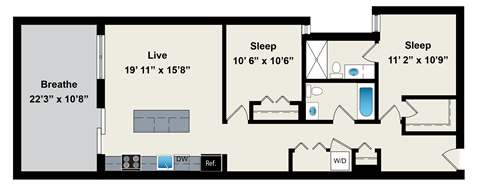 Floor plan for 2 beds, 2 baths, 1020 sqft